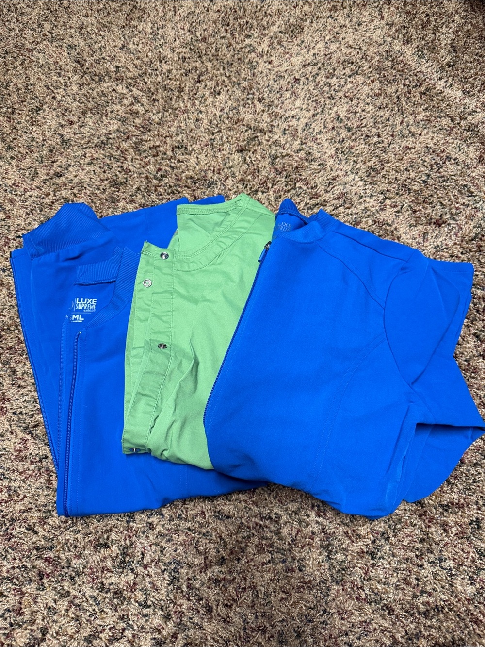Royal Blue Scrub Jacket x 2 with Light Green Scrub Jacket - Set of 3 Jackets